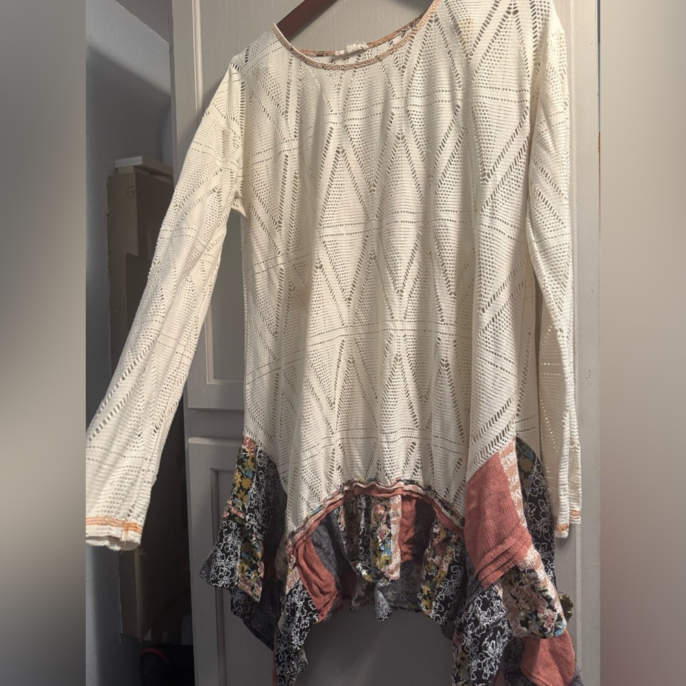 ODDY Cream Knit Long Sleeve Top with Floral Patchwork Hem